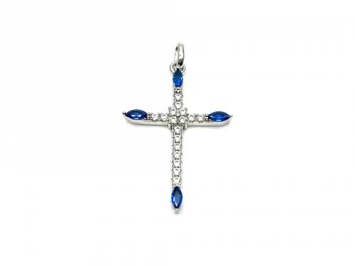 Silver Blue & White CZ Marquise Cross Pendant