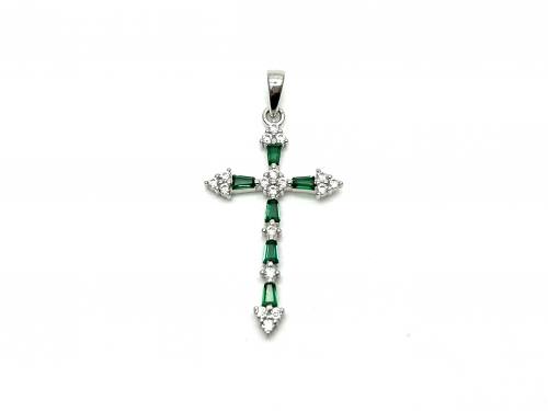 Silver Green & White CZ Cluster Cross Pendant