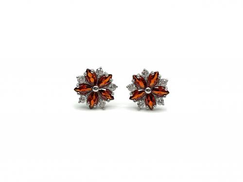 Silver Red & White Flower Cluster Stud Earrings