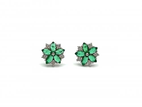 Silver Green & White Flower Cluster Stud Earrings