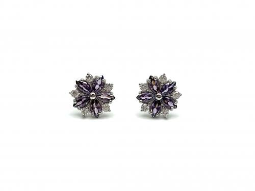 Silver Purple & White CZ Flower Stud Earrings