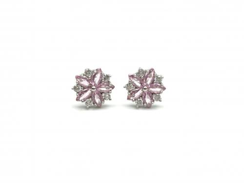 Silver CZ Pink & White Flower Stud Earrings