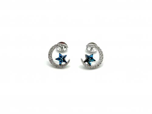 Silver CZ Blue Star & Crescent Moon Stud Earrings