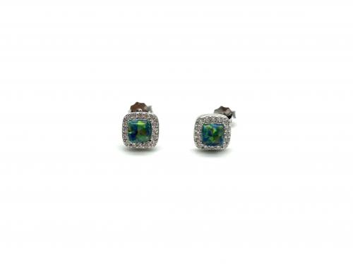 Silver Created Opal & CZ Square Stud Earrings