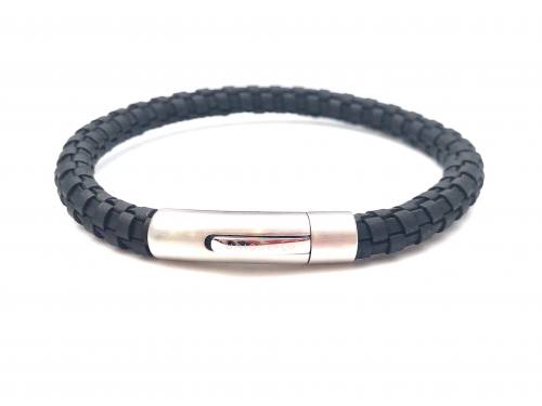 Leather Bracelet Black Steel Magnetic Clasp
