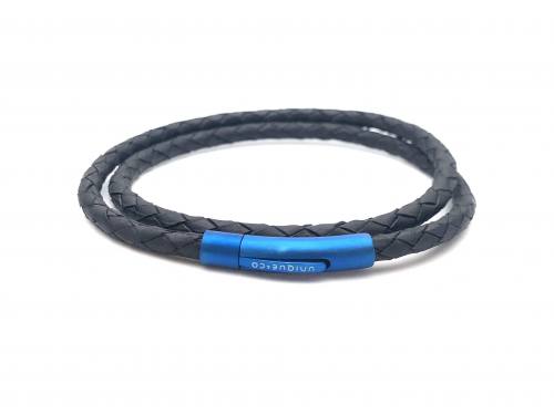 Leather Black Wrap Bracelet Blue IP Steel Clasp