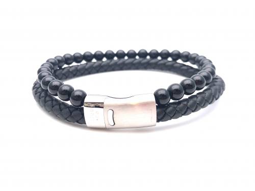 Black Leather & Onyx Bead Bracelet Steel Clasp