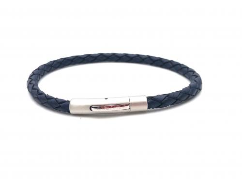 Leather Navy Blue Plaited Bracelet Magnetic Clasp