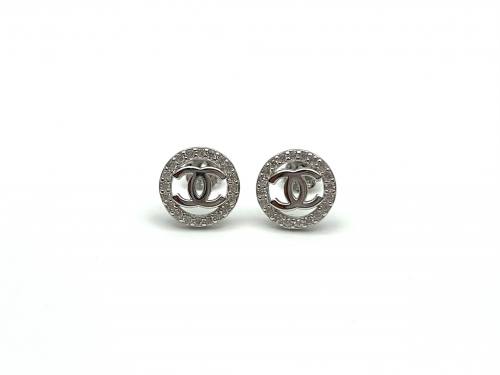 Silver Round CZ Halo Double CC Stud Earrings