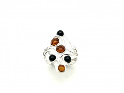 Silver Whitby Jet and Amber Ring Size O