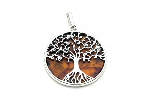 Silver Amber Tree Of Life Pendant 36x26mm