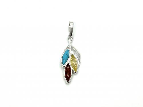 Silver Created Turquoise & Amber Leaf Pendant