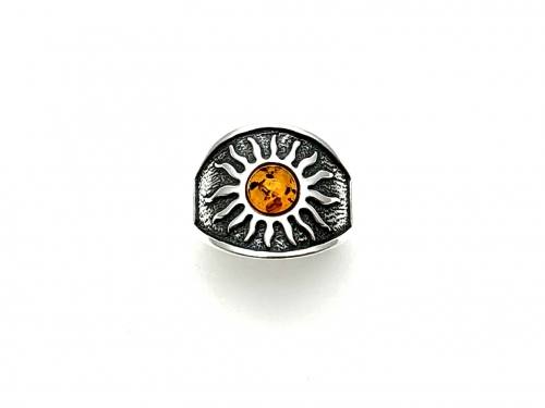 Silver Cognac Amber Sun Ring Size S