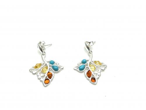Silver Amber & Turquoise Tree Stud Earrings