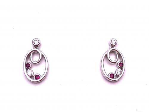 Silver Oval 3 Stone Ruby and CZ Stud Earrings