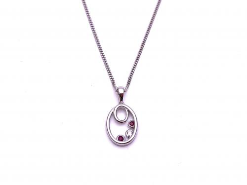 Silver Oval 3 Stone Ruby and CZ Pendant & Chain