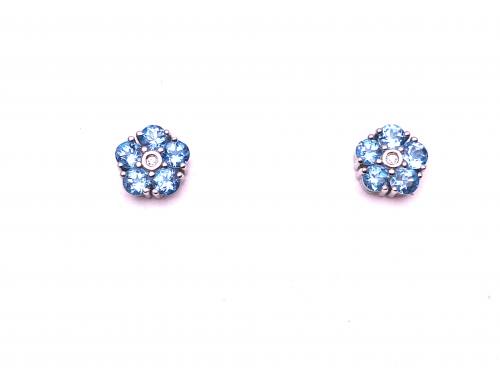 Silver Blue Topaz & CZ Cluster Stud Earrings