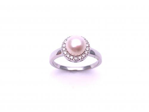 Silver Freshwater Pearl and CZ Cluster Ring