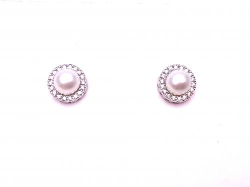 Silver Freshwater Pearl and CZ Stud Earrings