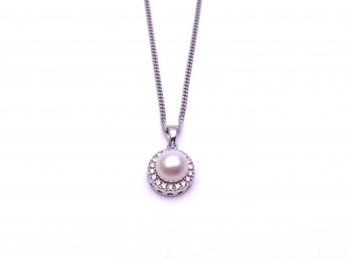 Silver Freshwater Pearl and CZ Pendant & Chain