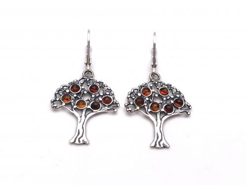 Silver Amber Tree Of Life Drop Earrings 35x22mm