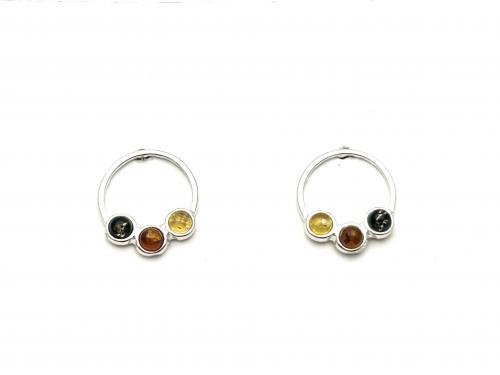 Silver Multi Coloured Amber 3 Stone Stud Earrings