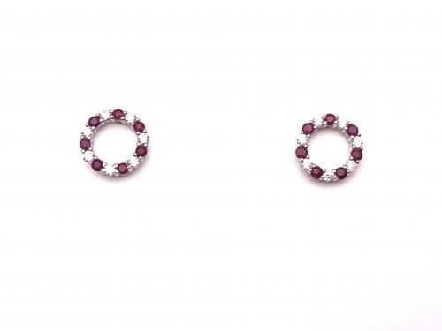 Silver Ruby & CZ Circle Stud Earrings