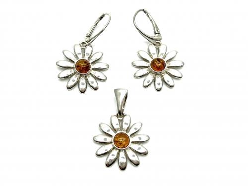 Silver Amber Flower Pendant & Earring Set