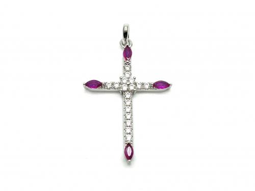 Silver Red & White CZ Marquise Point Cross Pendant