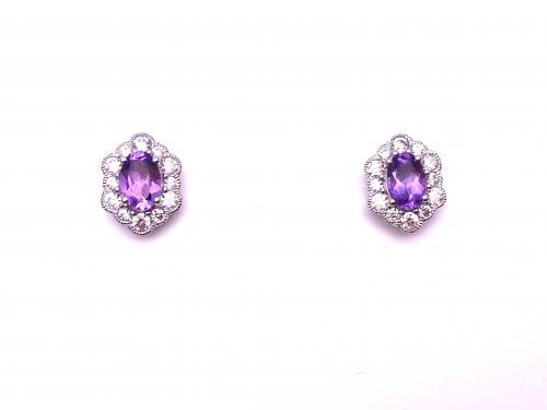 Silver Amethyst and CZ Cluster Stud Earrings