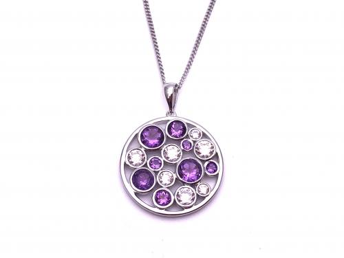 Silver Amethyst and CZ Round Pendant & Chain