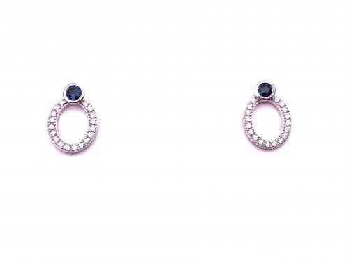 Silver Sapphire and CZ Open Oval Stud Earrings