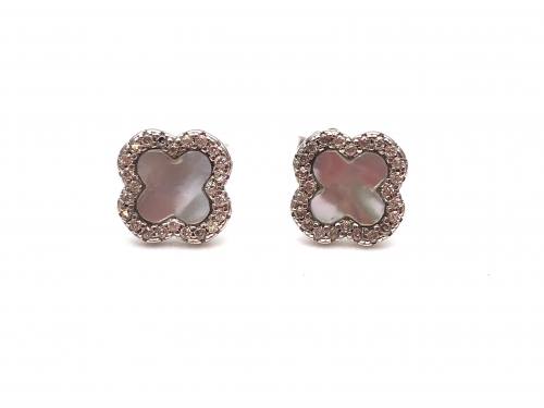 Silver CZ & Mother Of Pearl Clover Stud Earrings
