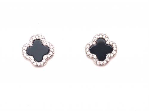 Silver CZ & Black Onyx Clover Stud Earrings