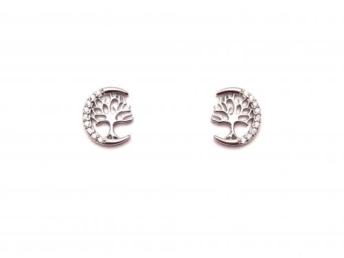 Silver CZ Crescent Moon Tree Of Life Earrings