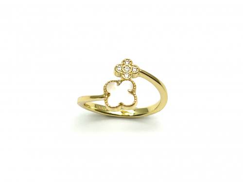 Silver Gold Plated MOP & CZ Crossover Clover Ring