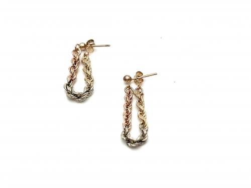 9ct 3 Colour Rope Chain Drop Earrings