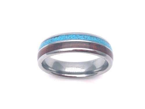Tungsten Carbide Ring Wood & Turquoise Inlay