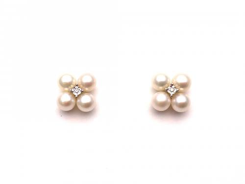 9ct Yellow Gold Pearl & Diamond Stud Earrings