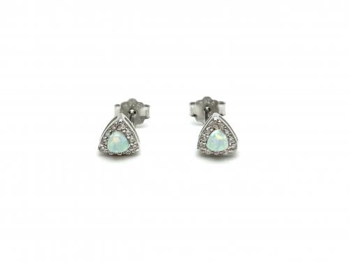 Silver Created Opal & CZ Triangle Stud Earrings