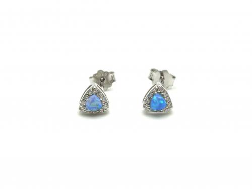 Silver Blue Created Opal & CZ Stud Earrings