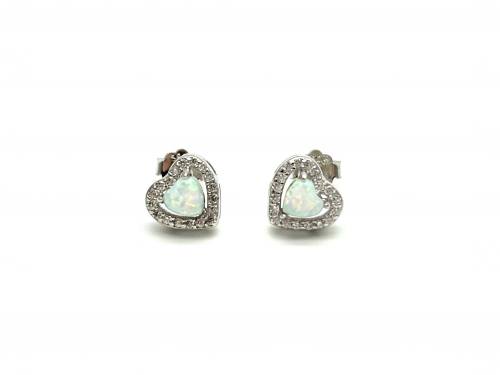 Silver White Created Opal & CZ Heart Stud Earrings