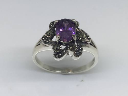 Silver Marcasite & Purple CZ Ring Size N
