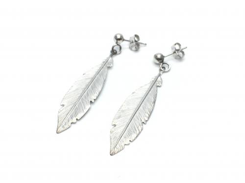 Silver Rhodium Plated Feather Drop Earrings 45mm
