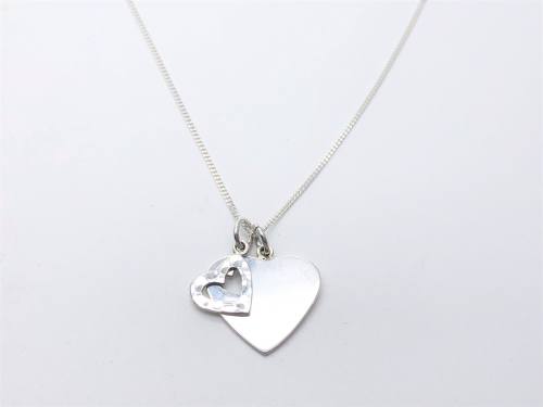 Silver Hammered & Plain Double Heart & Chain