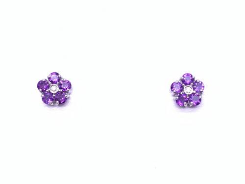 9ct Amethyst and Diamond Cluster Stud Earrings