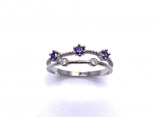 Silver Double Row Clear & Purple CZ Ring