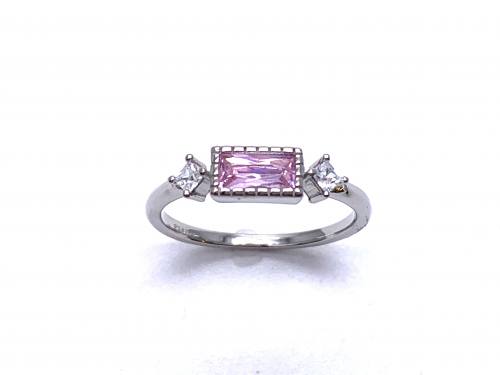 Silver Clear & Pink CZ 3 Stone Ring