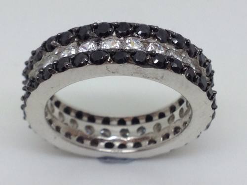 Silver Black And White Cz Flower Ring