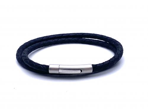 Black Double Row Leather Bracelet Steel Clasp